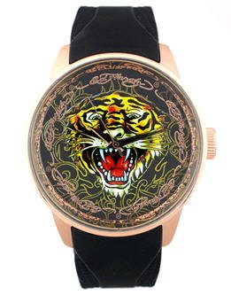 Ed Hardy Black Strap Watch With Rose Gold Plate Bezel And Graphic Dial