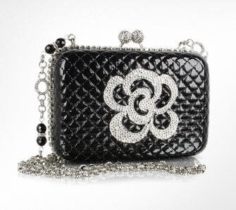 Maddalena Marconi  Jeweled Black Quilted Patent Leather Evening Clutch w/Chain Strap